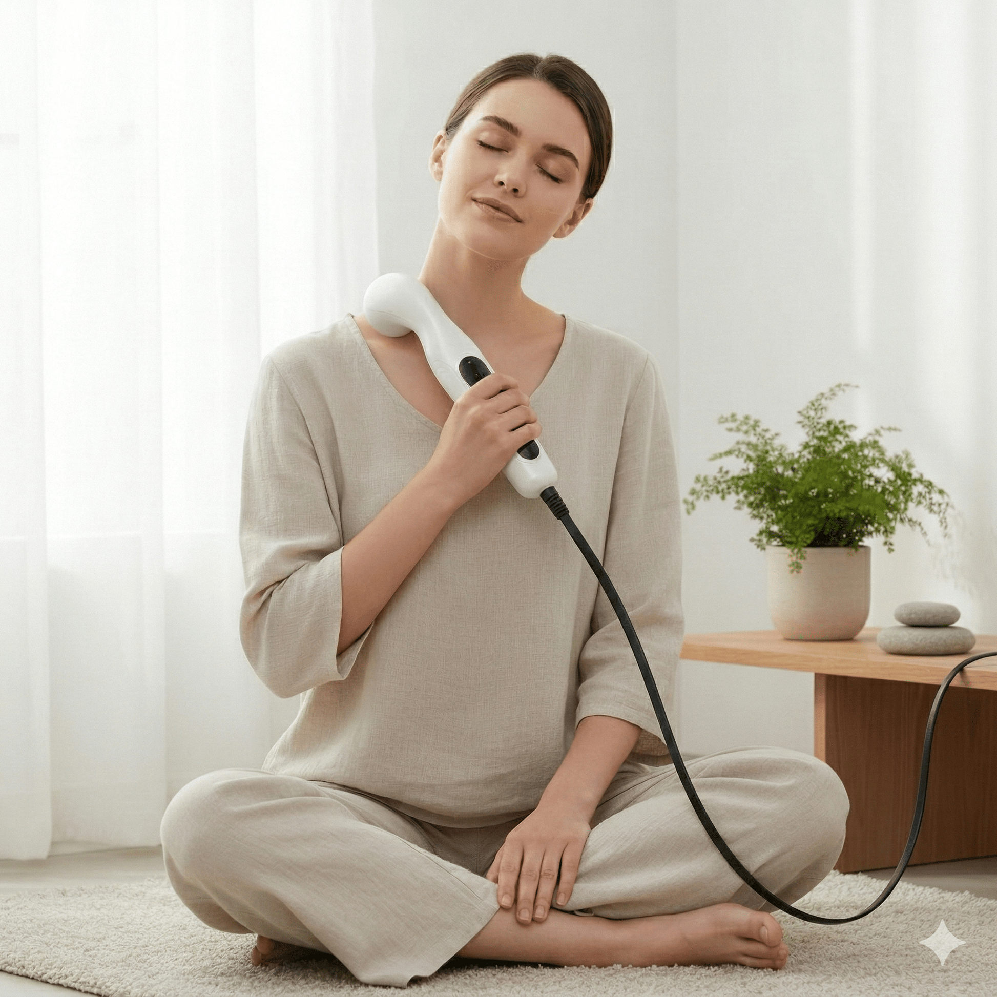 Femme utilisant le physio-tech ultrasons pour soulager ses douleurs musculaires dans un intérieur apaisant.