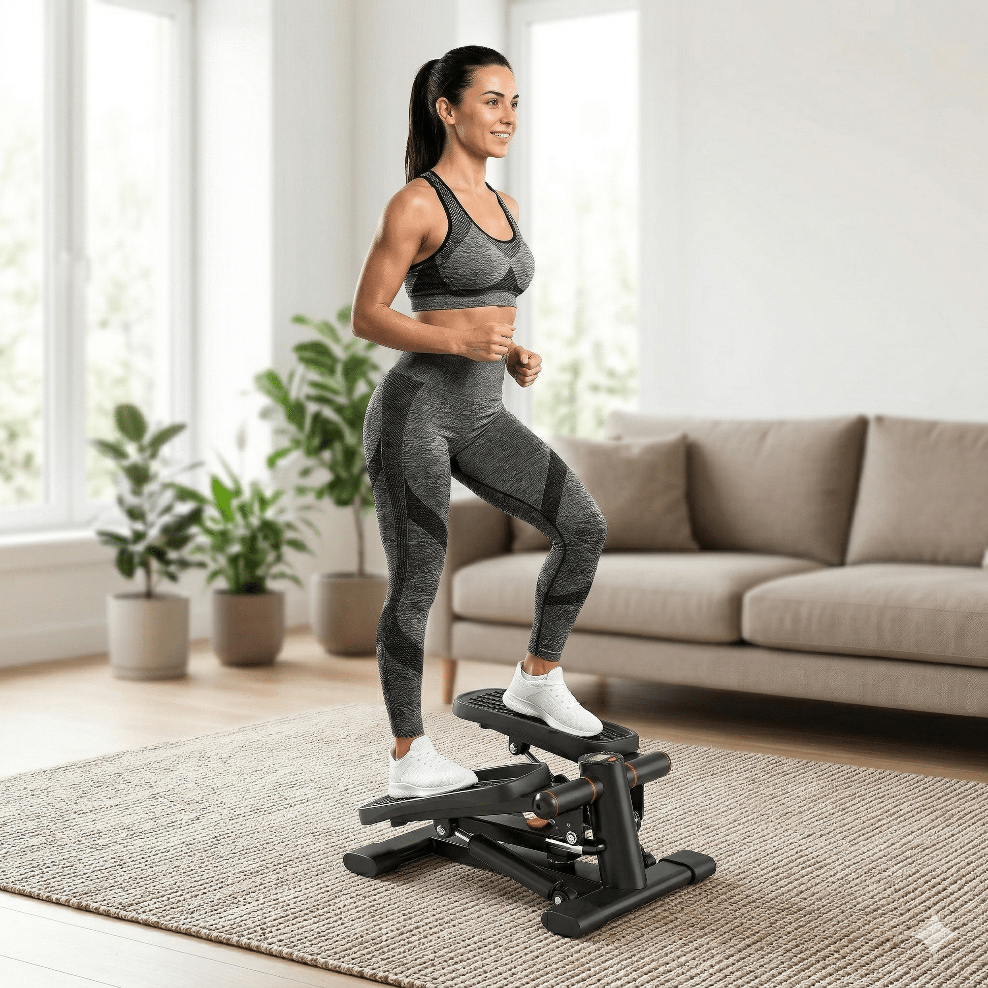 Femme utilisant un stepper fitness compact dans un salon, entraînement à domicile avec style.