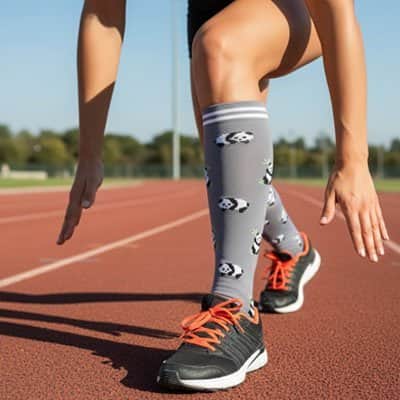 Image de chaussettes de compression circulation optimale avec motifs de panda sur une athlète sur une piste de course.